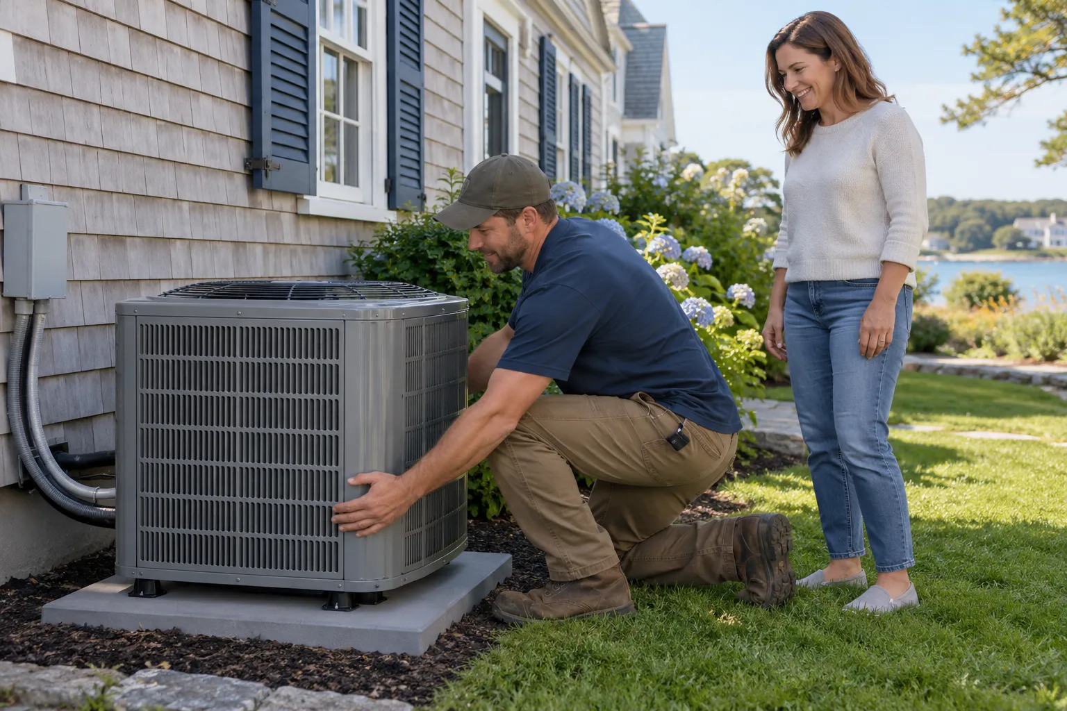 A local HVAC provider installing a new outdoor air conditioning unit beside a Stamford home in the Stamford area