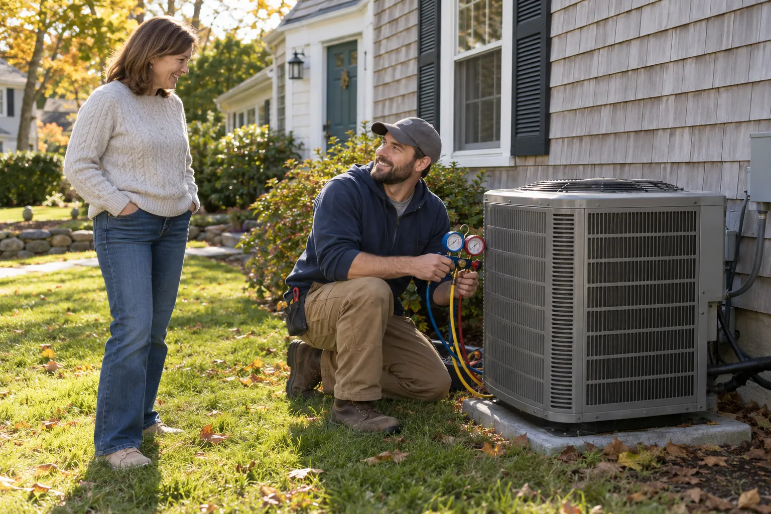 Friendly HVAC provider checking an outdoor air conditioner at a home near Stamford