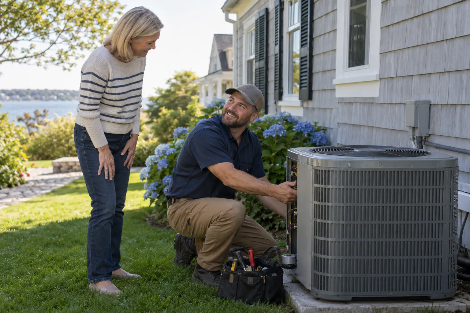 A friendly HVAC provider checking an outdoor air conditioner beside a Stamford home